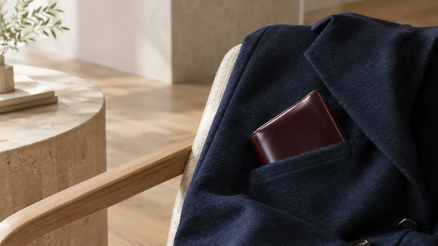 椅子にかけた紺のジャケットのポケットからのぞく、赤褐色のコードバンの財布